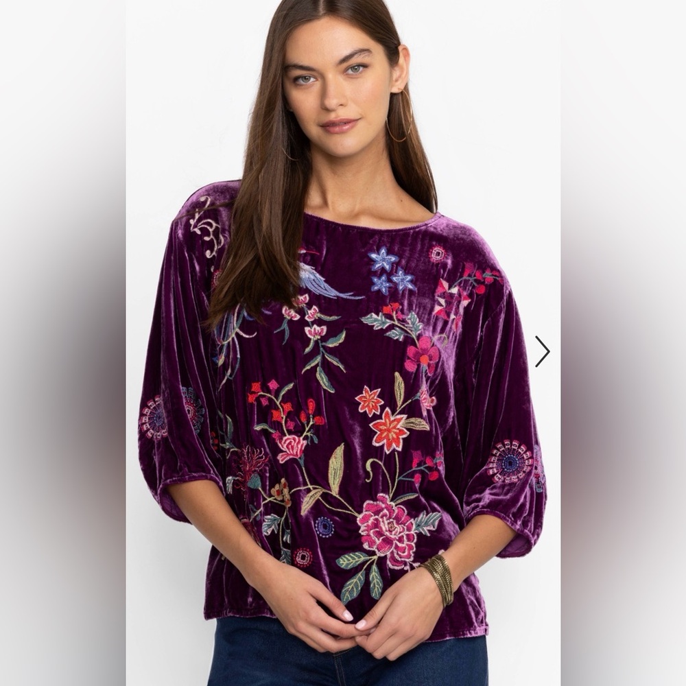 New Johnny Was VELVET BOATNECK BLOUSE with Floral Embroidery Size Small